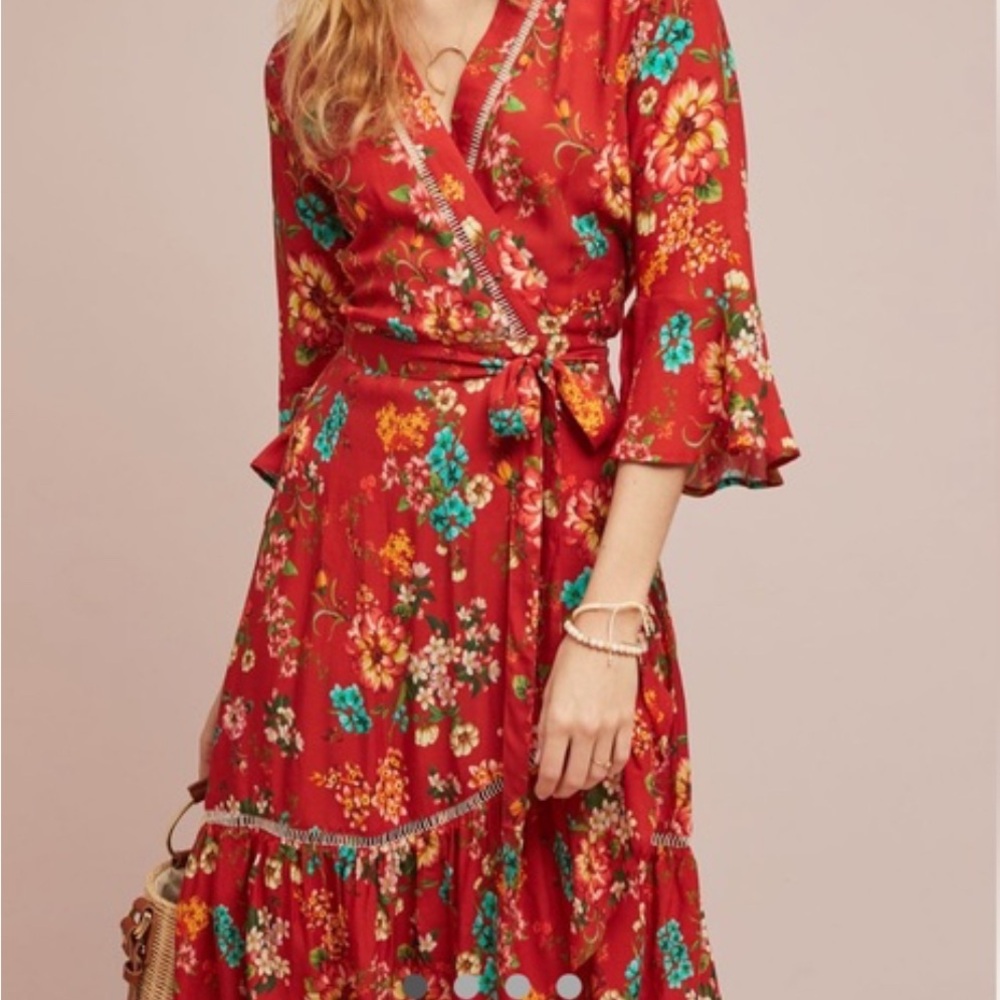 FARM Rio Anthropologie Red Midi Wrap Dress